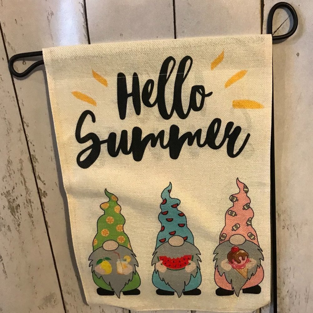 NEW Hello Summer Garden Flag with gnomes and summer treats; lemon, watermelon